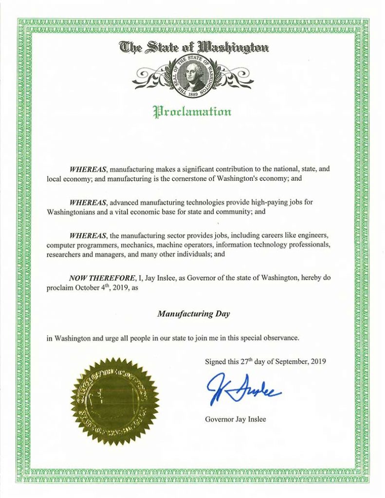 Official Washington State Proclamation of the Importance of national manufacturing day 