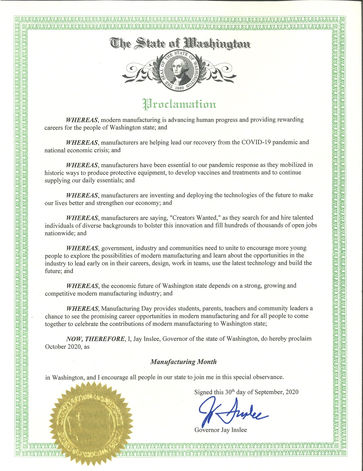Official Washington State Proclamation of Manufacturing Month